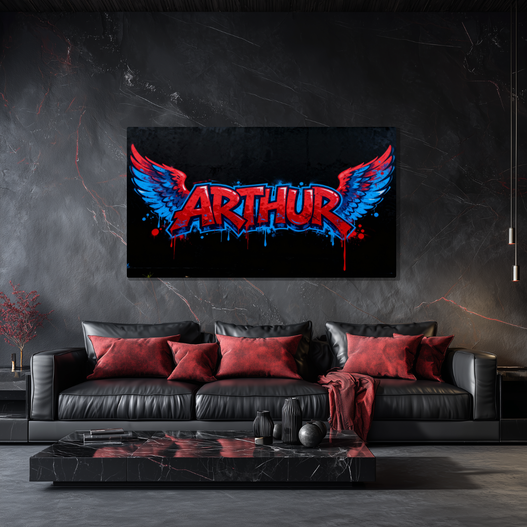 Tableau Prénom Personnalisé Graffiti Ailes d'Anges Bleu et Rouge