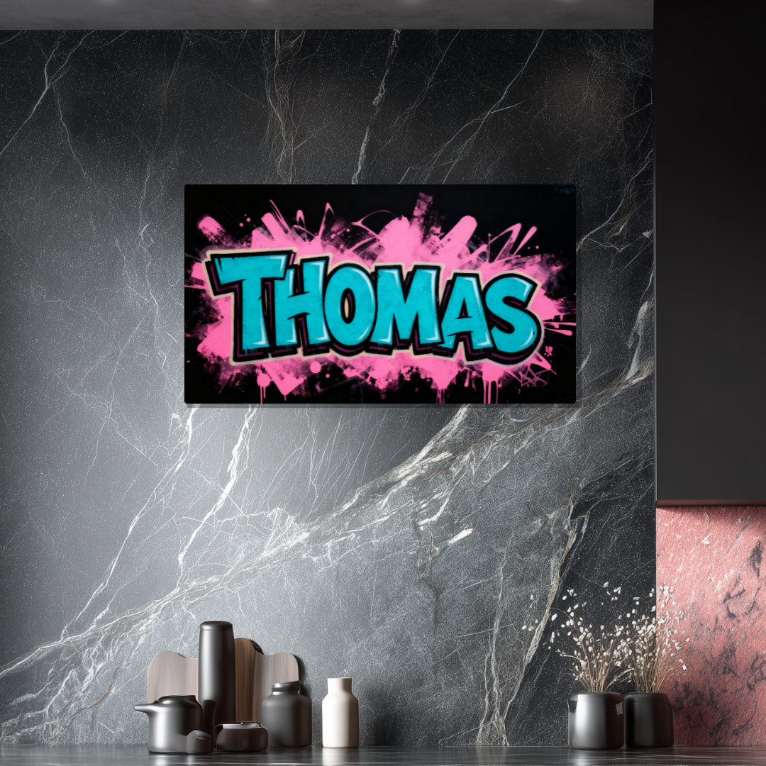 Tableau Prénom Personnalisé Graffiti Bleu et Rose