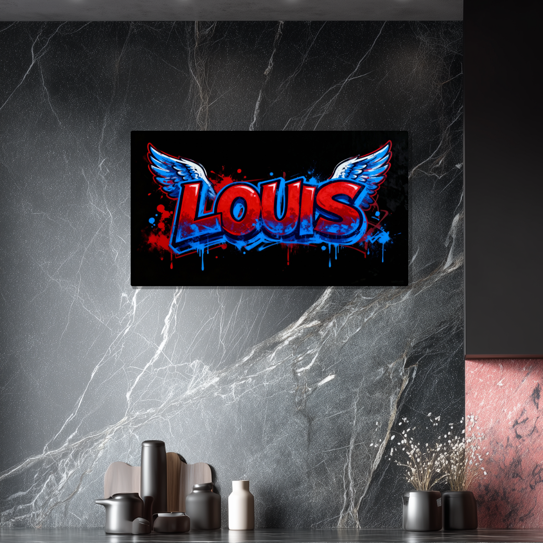 Tableau Prénom Personnalisé Graffiti Ailes d'Anges Bleu et Rouge