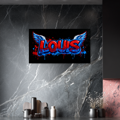 Tableau Prénom Personnalisé Graffiti Ailes d'Anges Bleu et Rouge