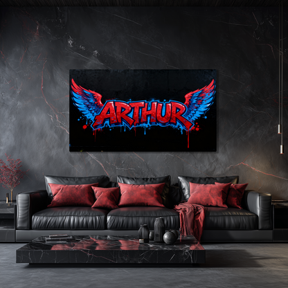 Tableau Prénom Personnalisé Graffiti Ailes d'Anges Bleu et Rouge