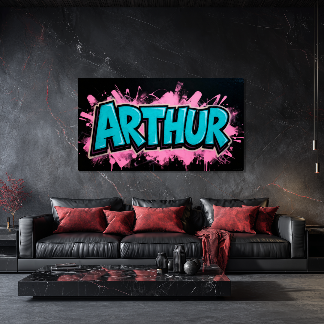 Tableau Prénom Personnalisé Graffiti Bleu et Rose