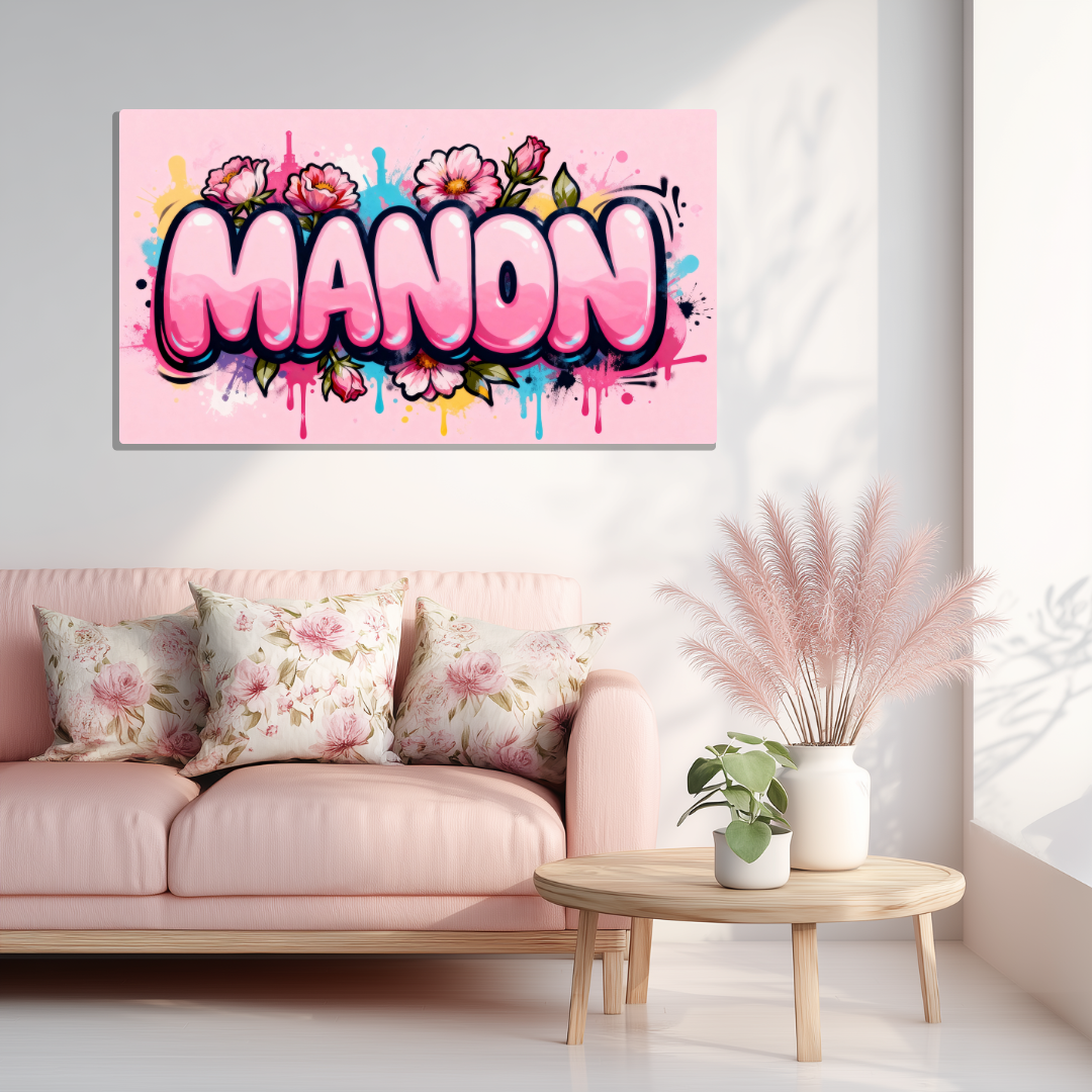 Tableau Prénom Personnalisé Graffiti Fleurs Rose