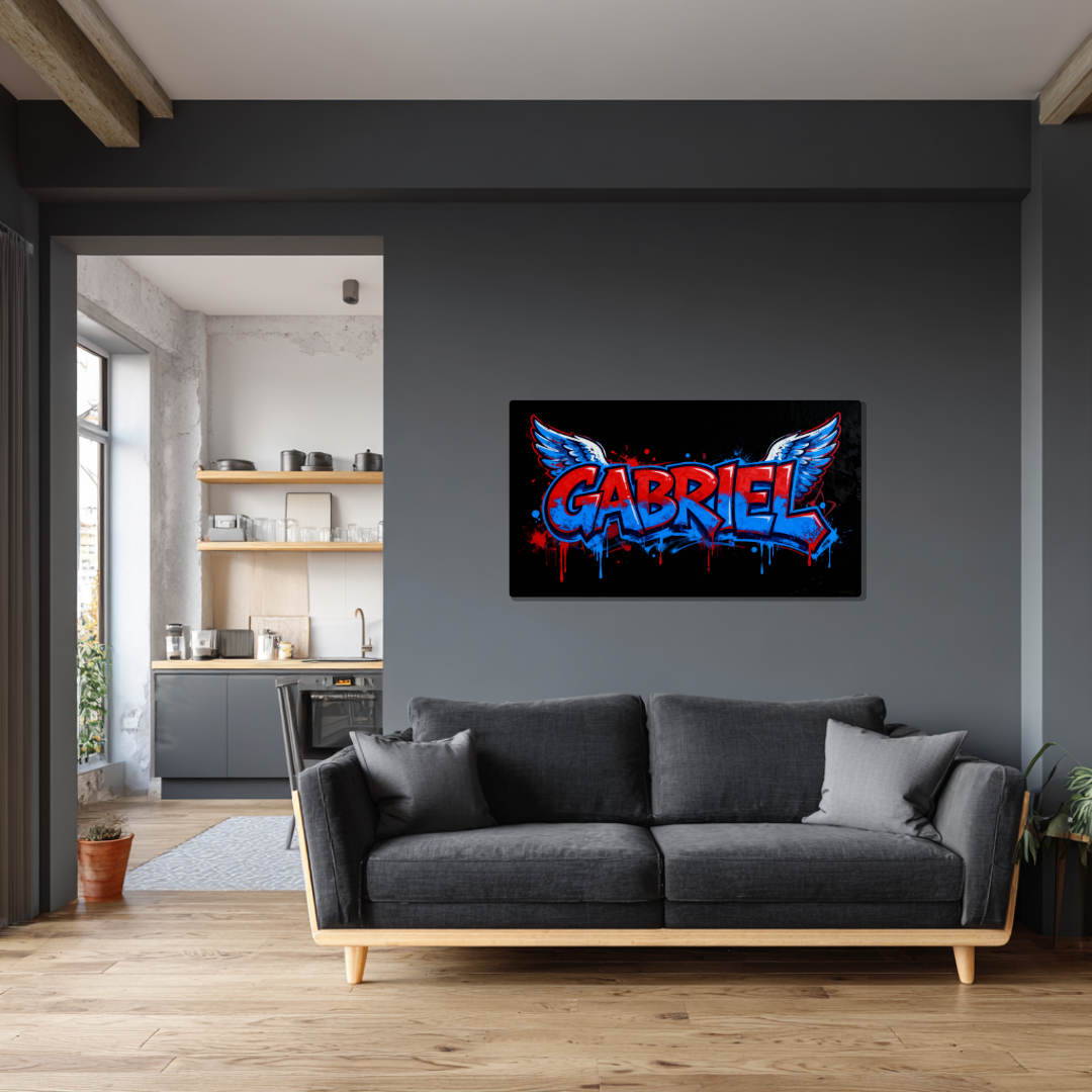 Tableau Prénom Personnalisé Graffiti Ailes d'Anges Bleu et Rouge