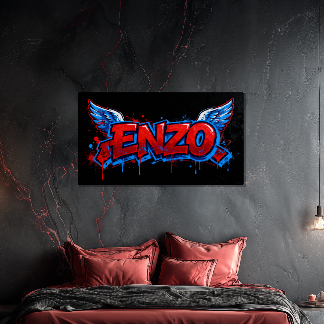 Tableau Prénom Personnalisé Graffiti Ailes d'Anges Bleu et Rouge
