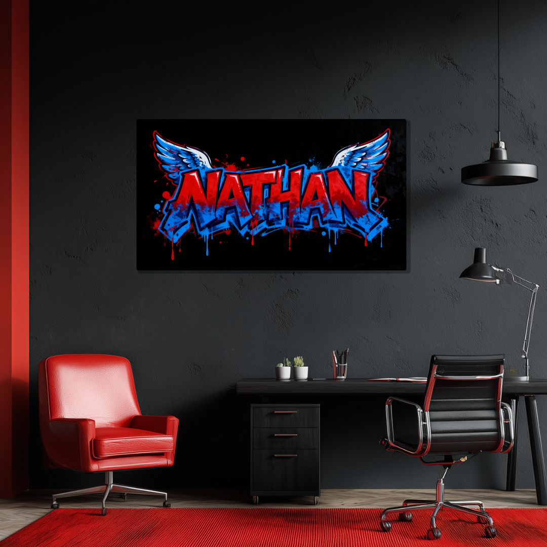 Tableau Prénom Personnalisé Graffiti Ailes d'Anges Bleu et Rouge