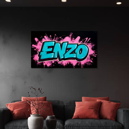 Tableau Prénom Personnalisé Graffiti Bleu et Rose