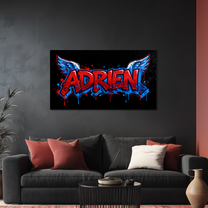 Tableau Prénom Personnalisé Graffiti Ailes d'Anges Bleu et Rouge