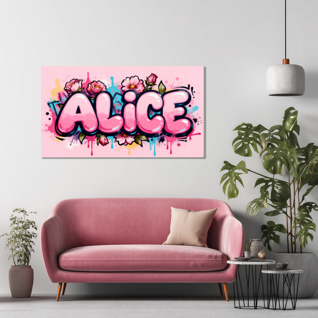 Tableau Prénom Personnalisé Graffiti Fleurs Rose