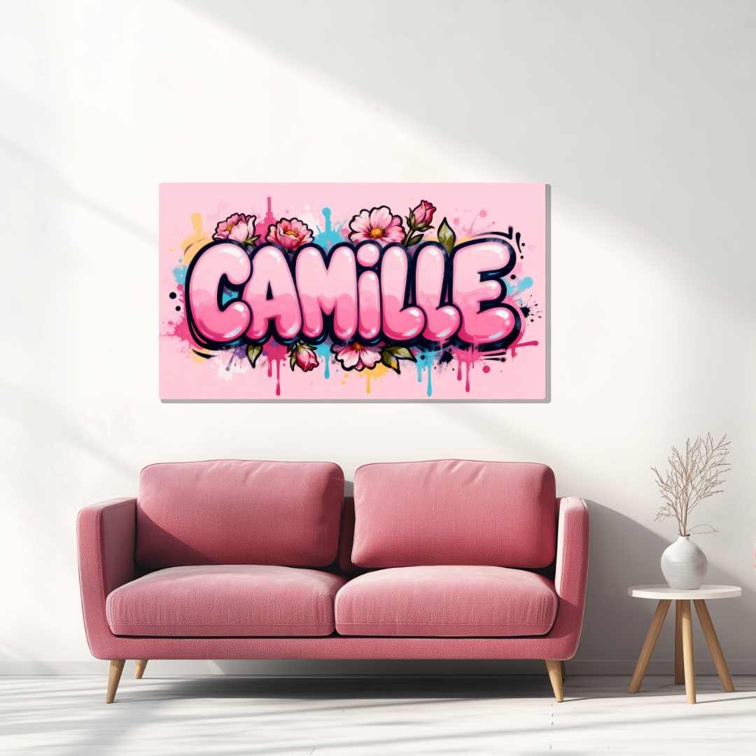 Tableau Prénom Personnalisé Graffiti Fleurs Rose