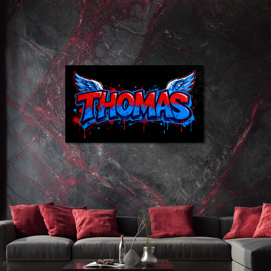 Tableau Prénom Personnalisé Graffiti Ailes d'Anges Bleu et Rouge