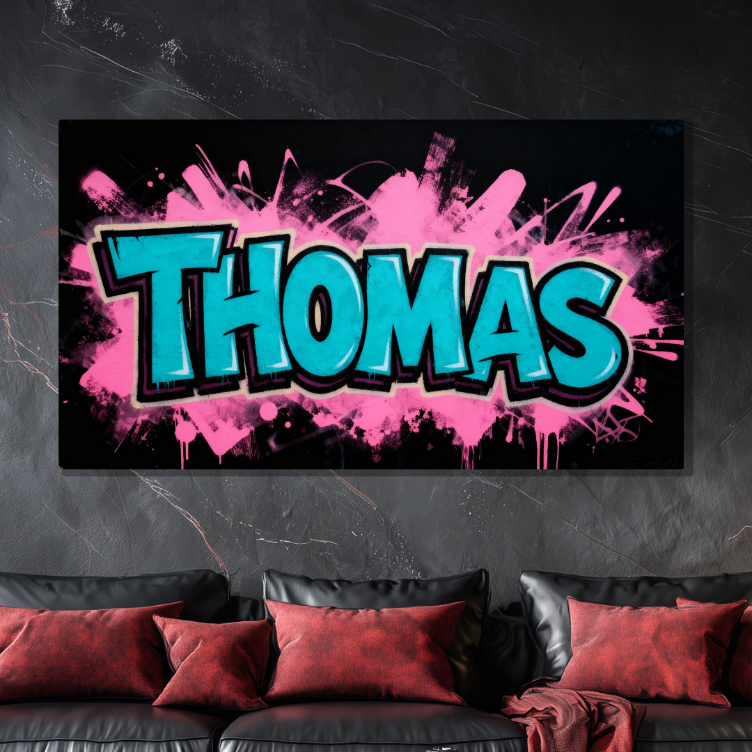 Tableau Prénom Personnalisé Graffiti Bleu et Rose