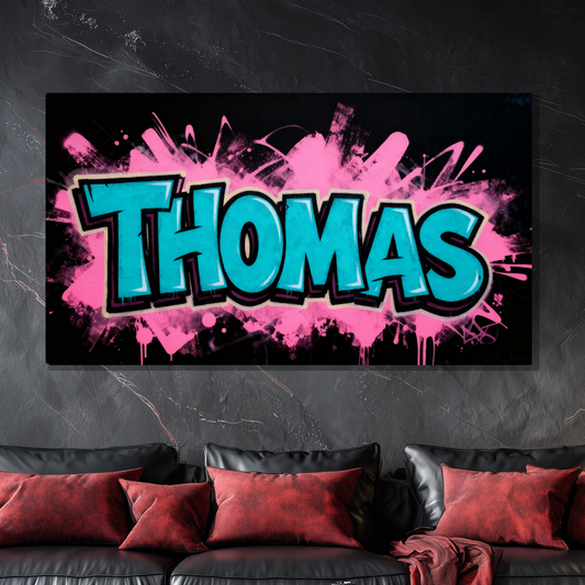 Tableau Prénom Personnalisé Graffiti Bleu et Rose